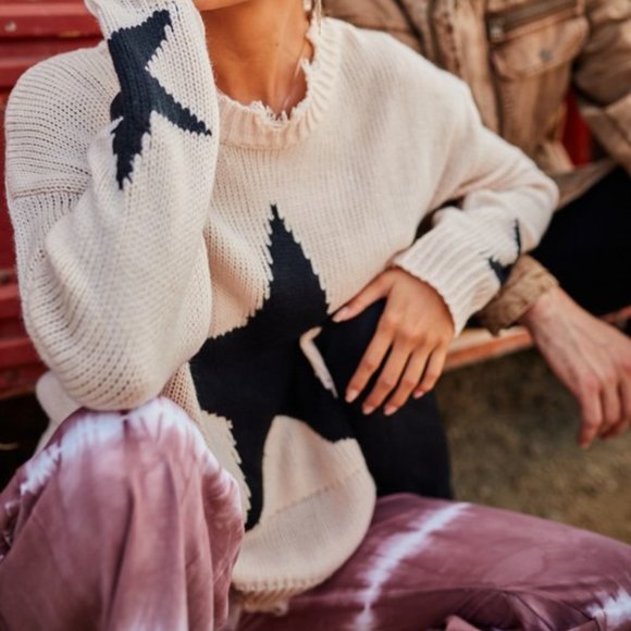 Starry Eyed Ivory Star Print Distressed Sweater - Picture 4 of 13